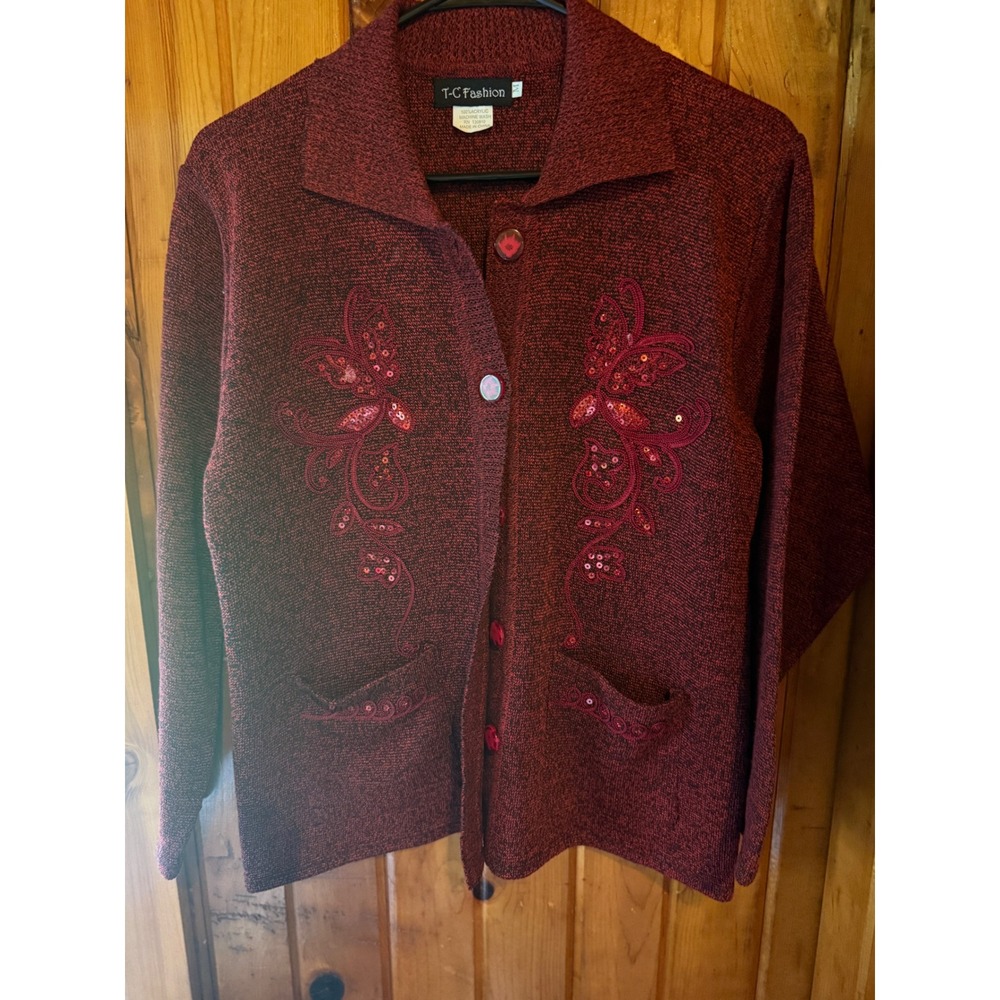 T C Fashion Red Knit Cardigan‎ Sequined Embellished Button Down Pockets Size M